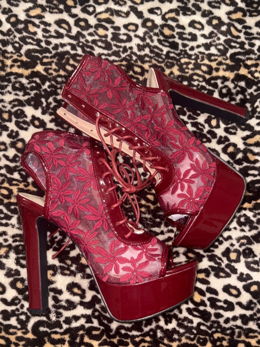 Women's Burgundy Lace Platform Peep-Toe Boot Heels